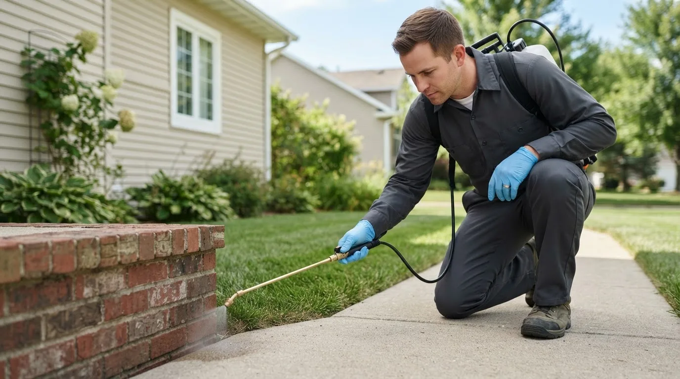 Pest control technician treating a home near Peterson, MN